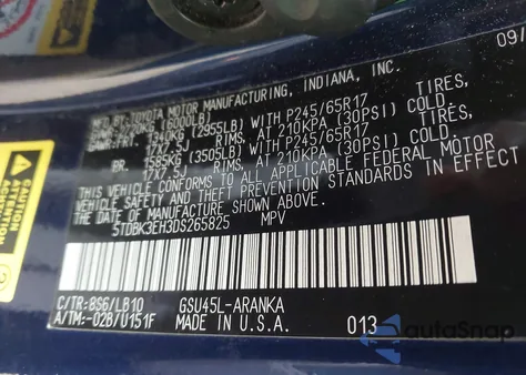 2013 Toyota Highlander Se V6 from USA, damaged, VIN 5TDBK3EH3DS265825